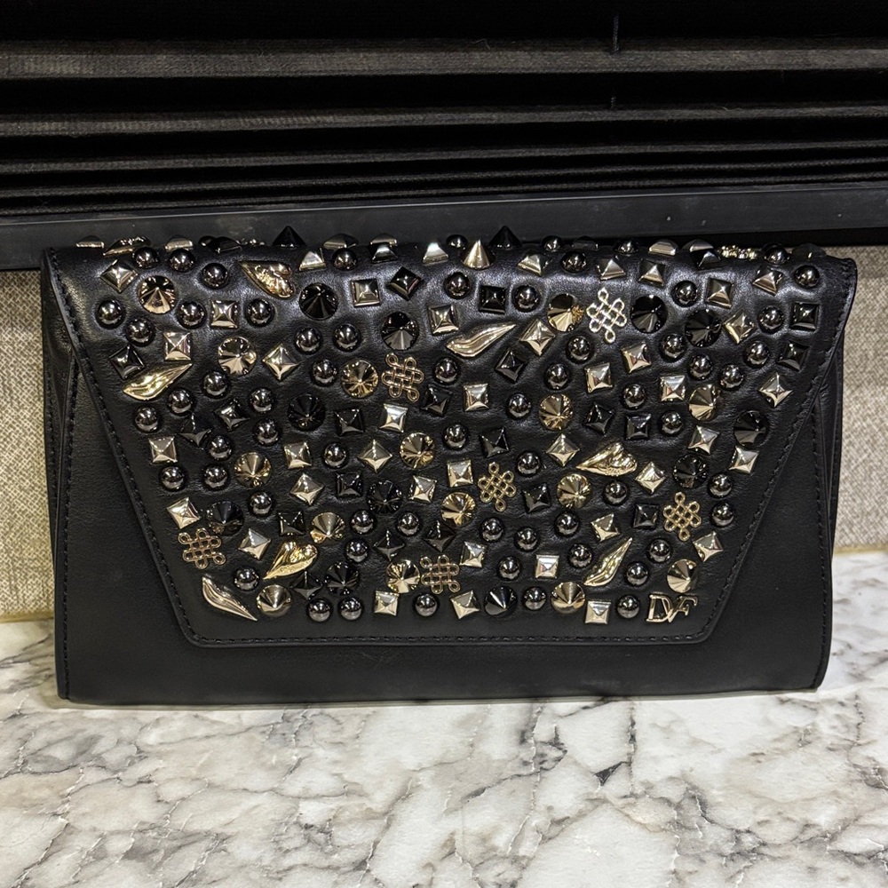 DIANE VON FURSTENBERG Black Leather Crazy Metallic Studded‎ Clutch Purse